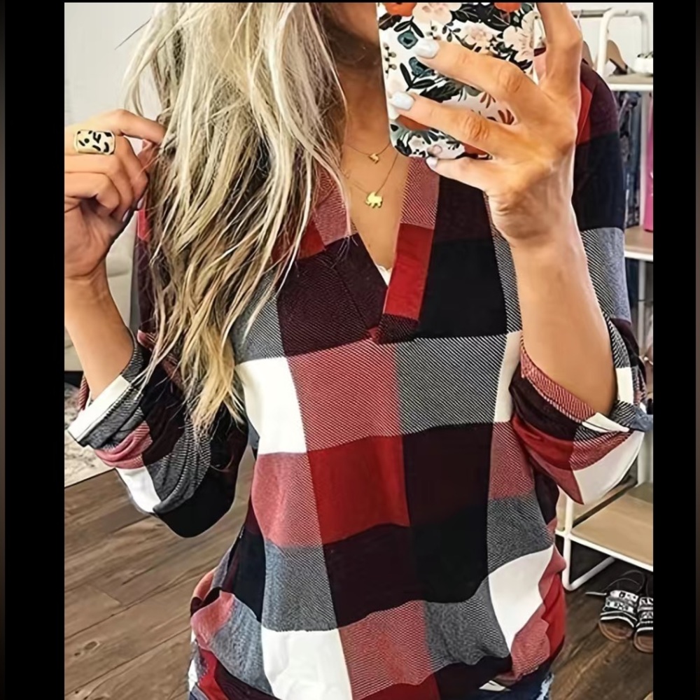 🆕L/S Modern Plaid Blouse in Red, White, Purple and Black: Size XL